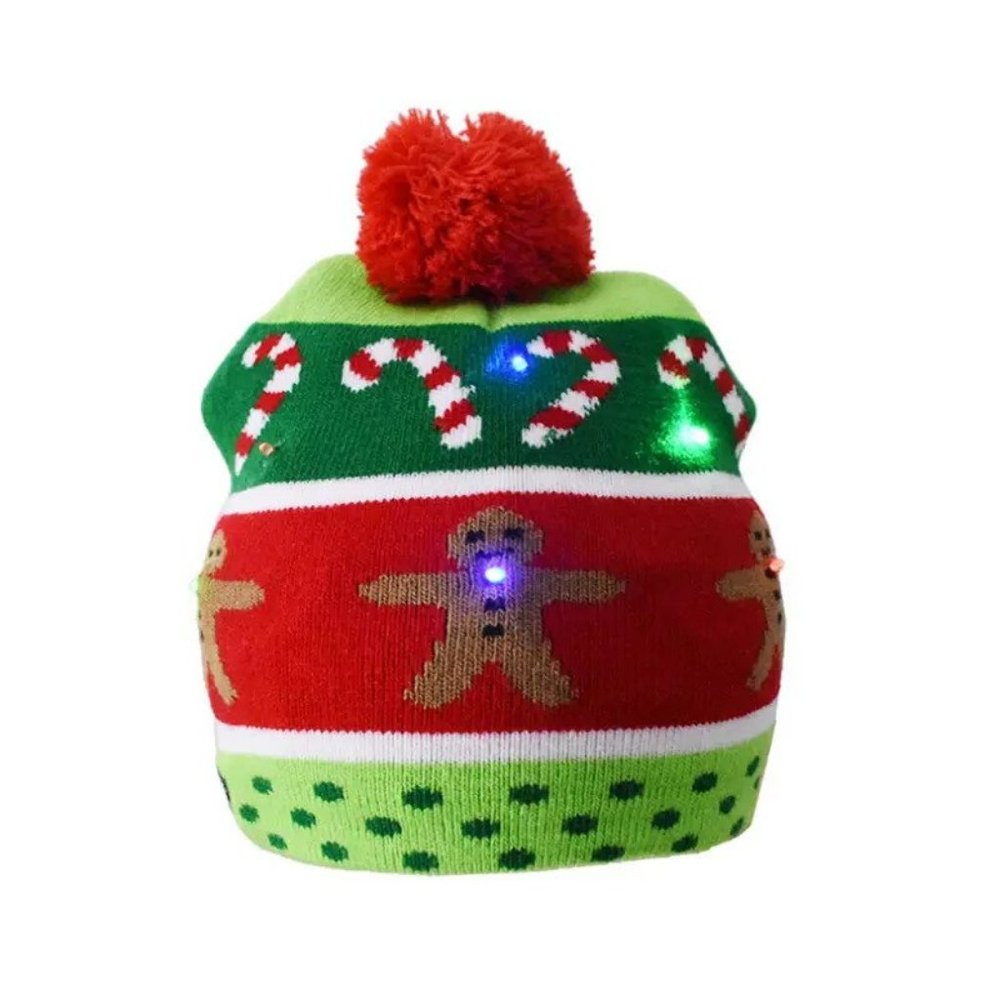 2X HOST PICK Holiday Hat Gingerbread Man ADULT LED Beanie Pompom - Picture 2 of 4
